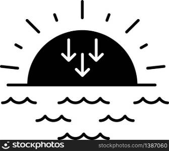 Sunset black glyph icon. Evening, sundown, weather forecasting silhouette symbol on white space. Sea, ocean at dusk. Transition from day to night. Sun setting over horizon vector isolated illustration. Sunset black glyph icon