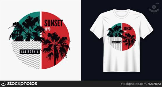 Sunset Blvd California t-shirt and apparel trendy design with palm trees silhouettes, typography, print, vector illustration. Global swatches.