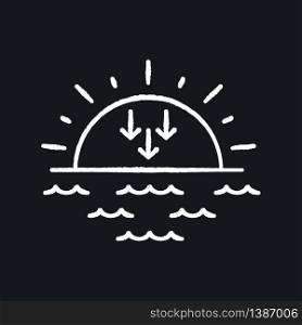 Sunset chalk white icon on black background. Evening, sundown, weather forecasting. Sea, ocean at dusk. Transition from day to night. Sun setting over horizon isolated vector chalkboard illustration. Sunset chalk white icon on black background