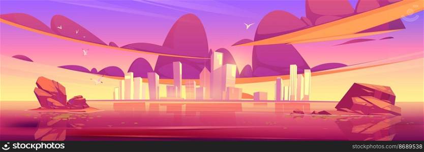 Sunset city skyline architecture near waterfront, modern megapolis with buildings skyscrapers reflecting in water surface under cloudy purple and pink sky with birds. Cartoon vector illustration. Sunset city skyline architecture near waterfront