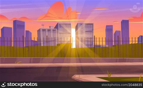 Sunset city skyline, urban background with sun shining behind of skyscrapers, green bushes, road and pathway along metal fence. Summertime evening cityscape, downtown area, Cartoon vector illustration. Sunset city skyline, urban background with sun