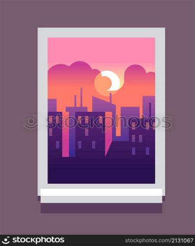 Sunset cityscape from apartment view. City in window frame. Vector illustration. Sunset cityscape from apartment view. City in window frame