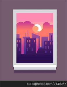 Sunset cityscape from apartment view. City in window frame. Vector illustration. Sunset cityscape from apartment view. City in window frame