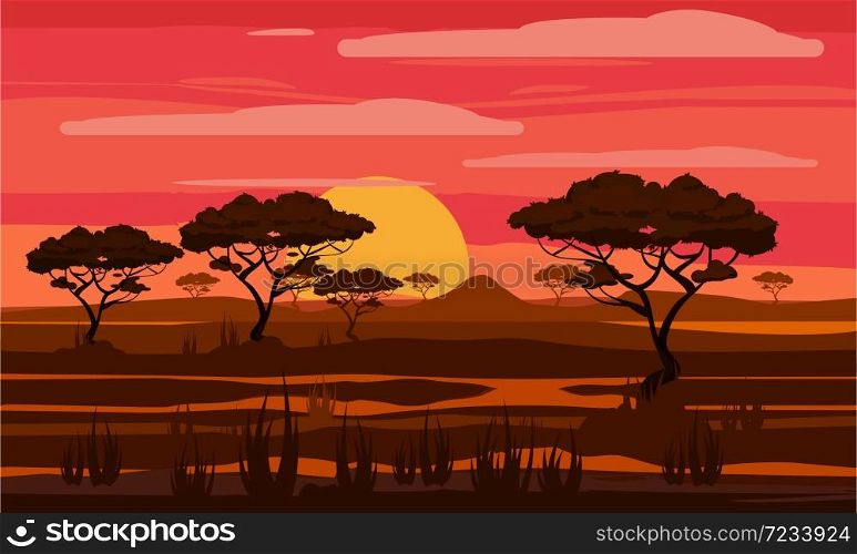 Sunset in Africa, savanna landscape with the silhouettes of trees, grass bushes horison orange Sun. Sunset in Africa, savanna landscape with the silhouettes of trees, grass bushes horison orange Sun. Reserves and national parks outdoor. Vector illustration isolated cartoon style