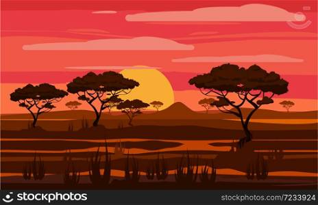 Sunset in Africa, savanna landscape with the silhouettes of trees, grass bushes horison orange Sun. Sunset in Africa, savanna landscape with the silhouettes of trees, grass bushes horison orange Sun. Reserves and national parks outdoor. Vector illustration isolated cartoon style