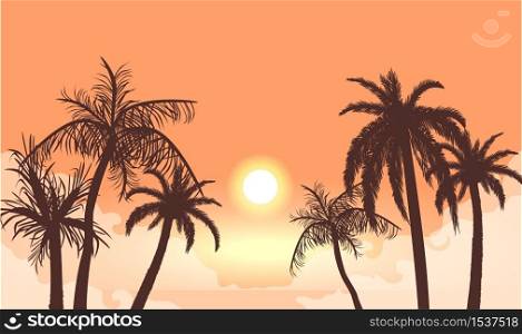 Sunset in cloudy haze silhouettes of palm trees. Tropical beach in orange fog background setting sun beautiful paradise coast resort romantic lagoon with exotic vector evening.. Sunset in cloudy haze silhouettes of palm trees. Tropical beach in orange fog background setting sun.