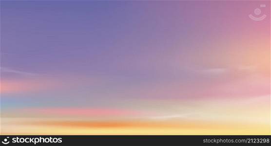 Sunset in evening with Purple,Orange,Blue,Pink Sky,Dramatic twilight landscape ,Vector horizon Sky banner in Morning sunrise with colour trend 2022 Very Peri of sunlight for four seasons
