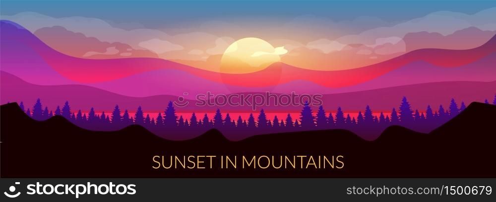 Sunset in mountains flat color vector banner template. Coniferous forest. Woodland on horizon. Wild nature. Fir trees and hills 2D cartoon landscape with sun and sky on background. Sunset in mountains flat color vector banner template