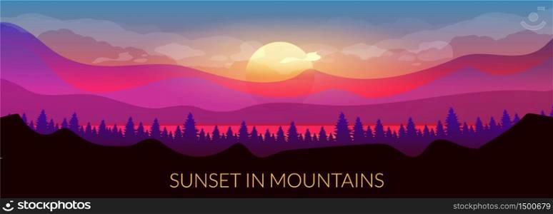 Sunset in mountains flat color vector banner template. Coniferous forest. Woodland on horizon. Wild nature. Fir trees and hills 2D cartoon landscape with sun and sky on background. Sunset in mountains flat color vector banner template