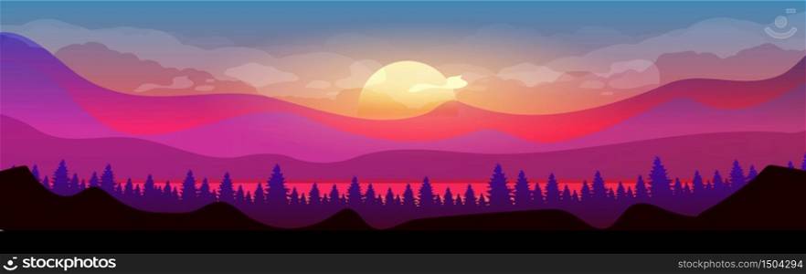 Sunset in mountains flat color vector illustration. Coniferous forest. Woodland on horizon. Wild nature. Fir trees and hills 2D cartoon landscape with sun and clouds in purple sky on background. Sunset in mountains flat color vector illustration