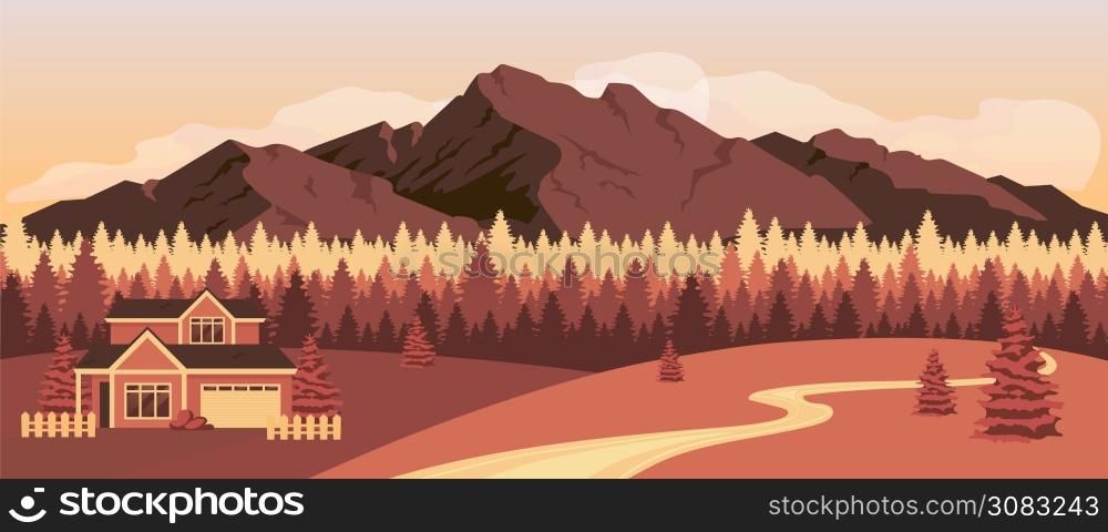 Sunset in mountains flat color vector illustration. Residence near autumn forest. Home in countryside woods. House near rockies. Fall rural 2D cartoon landscape with nature on background. Sunset in mountains flat color vector illustration