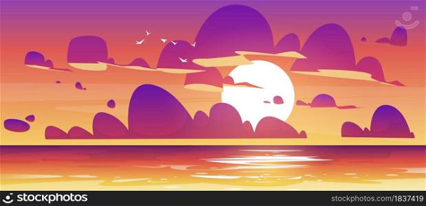 Sunset in ocean, nature landscape background, pink and purple fluffy clouds in orange sky with sun shining above tranquil sea water surface, illuminated shore evening view. Cartoon vector illustration. Sunset in ocean, nature landscape background.