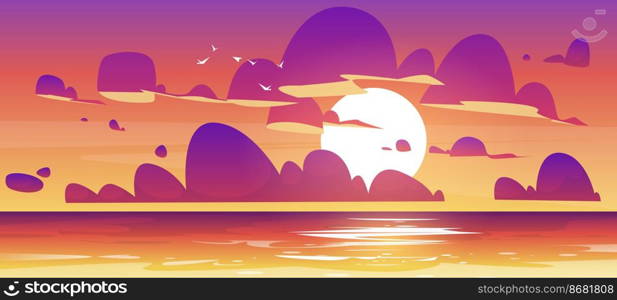 Sunset in ocean, nature landscape background, pink and purple fluffy clouds in orange sky with sun shining above tranquil sea water surface, illuminated shore evening view. Cartoon vector illustration. Sunset in ocean, nature landscape background.