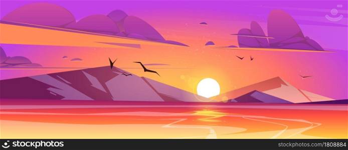 Sunset in ocean or sea scenery nature landscape. Purple clouds in orange sky with flying gulls and shining sun go down mountains above rocks and calm water surface in evening Cartoon vector background. Sunset in ocean or sea scenery nature landscape