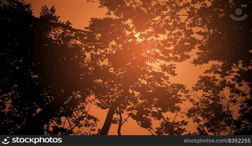 Sunset in the forest, beautiful landscape, big sun, forest silhouette. Vector illustration