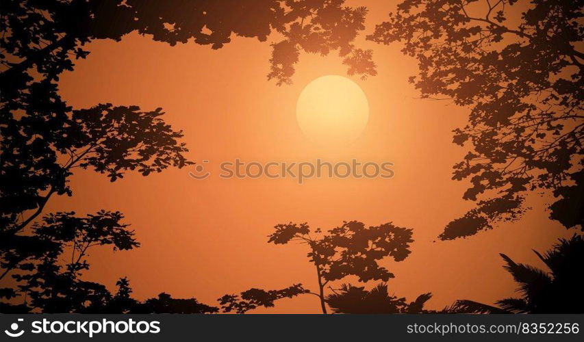 Sunset in the forest, beautiful landscape, big sun, forest silhouette. Vector illustration