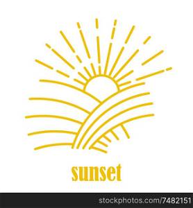 Sunset in the linear style. Line icon isolated on white background. Vector illustration.