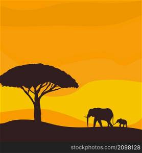 Sunset in the savannah. African elephant with baby elephant. Vector illustration.. African elephant with baby elephant.