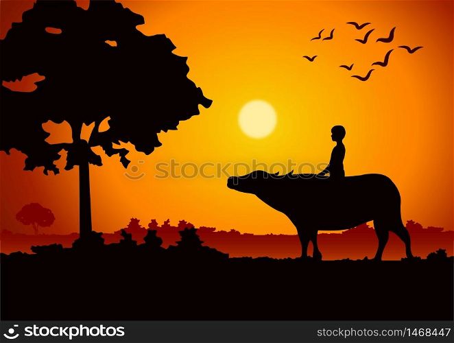 sunset landscape and country life with a boy ride on buffalo back around with tree.countryside of east lifestyle.vector illustration