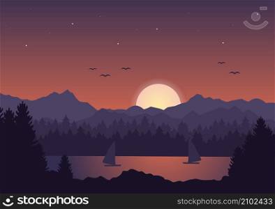 Sunset Landscape of Mountains, Hill, Wilderness, Sands, Lake and Valley in Flat Wild Nature for Poster, Banner or Background Illustration
