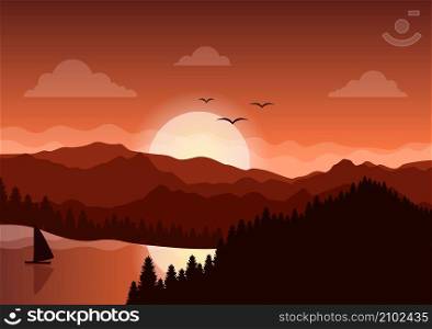 Sunset Landscape of Mountains, Hill, Wilderness, Sands, Lake and Valley in Flat Wild Nature for Poster, Banner or Background Illustration