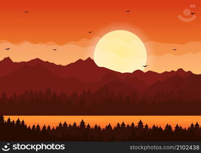 Sunset Landscape of Mountains, Hill, Wilderness, Sands, Lake and Valley in Flat Wild Nature for Poster, Banner or Background Illustration