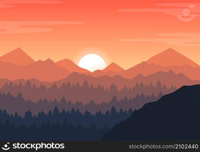 Sunset Landscape of Mountains, Hill, Wilderness, Sands, Lake and Valley in Flat Wild Nature for Poster, Banner or Background Illustration