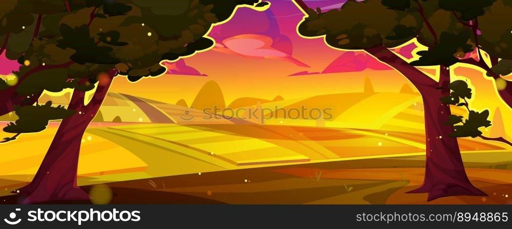 Sunset landscape with farm fields, forest and river. Rural scene, countryside with trees with green foliage, fields, lake and road in orange light, pink sky with cloud, vector cartoon illustration. Sunset landscape with farm fields, trees and river