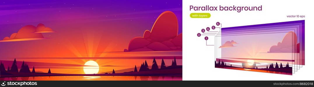 Sunset landscape with lake, sun on horizon and silhouettes of trees on coast. Vector parallax background for 2d game animation with cartoon nature scene with forest on river shore at evening. Parallax background with lake landscape at sunset