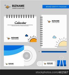 Sunset Logo, Calendar Template, CD Cover, Diary and USB Brand Stationary Package Design Vector Template