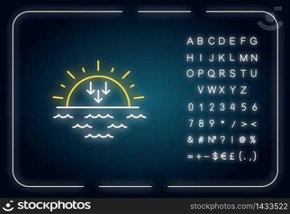 Sunset neon light icon. Outer glowing effect. Evening, sundown, weather forecasting sign with alphabet, numbers and symbols. Sun setting over horizon vector isolated RGB color illustration. Sunset neon light icon