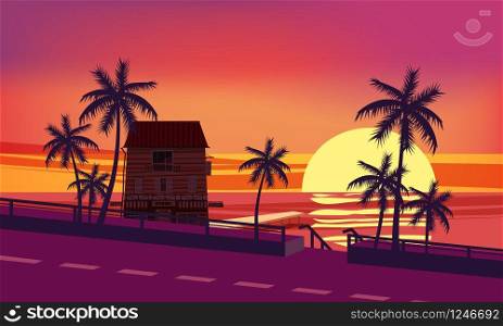 Sunset, ocean, evening, palm trees sea shore vector illustration isolated. Sunset, ocean, evening, palm trees, sea shore, color mood, summer, vector, illustration, isolated, cartoon style