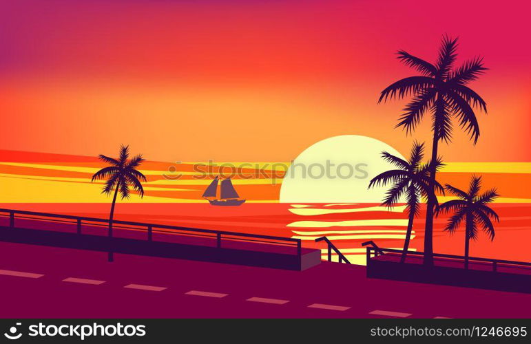 Sunset, ocean, evening, palm trees sea shore vector illustration isolated. Sunset, ocean, evening, palm trees, sea shore, color mood, summer, vector, illustration, isolated, cartoon style