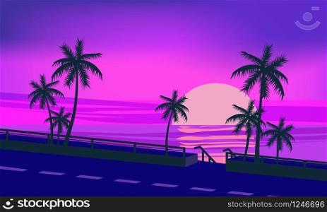 Sunset, ocean, evening, palm trees sea shore vector illustration isolated. Sunset, ocean, evening, palm trees, sea shore, color mood, summer, vector, illustration, isolated, cartoon style