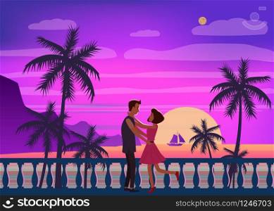 Sunset ocean, sea, palm trees, mountains, embankment, the setting sun, seascape. Meeting a couple in love romance love. Sunset ocean, sea, palm trees, mountains, embankment, the setting sun, seascape. Meeting a couple in love, romance, love. Mood of color. Vector, isolated, cartoon style
