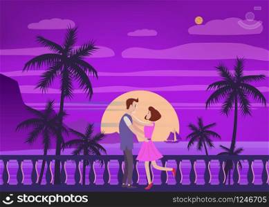 Sunset ocean, sea, palm trees, mountains, embankment, the setting sun, seascape. Meeting a couple in love romance love. Sunset ocean, sea, palm trees, mountains, embankment, the setting sun, seascape. Meeting a couple in love, romance, love. Mood of color. Vector, isolated, cartoon style