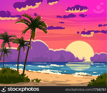 Sunset Ocean Tropical resort landscape. Sea shore beach, sun, exotic palms, coastline, clouds, sky, summer vacation. Vector illustration cartoon style isolated. Sunset Ocean Tropical resort landscape. Sea shore beach, sun, exoti csilhouettes palms, coastline, clouds, sky, summer vacation. Vector illustration cartoon style