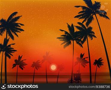 Sunset ocean view palms, seashore, horizon. Tropical landscape paradise nature, exotic island. Vector illustration banner background template. Sunset ocean view palms, seashore, horizon banner