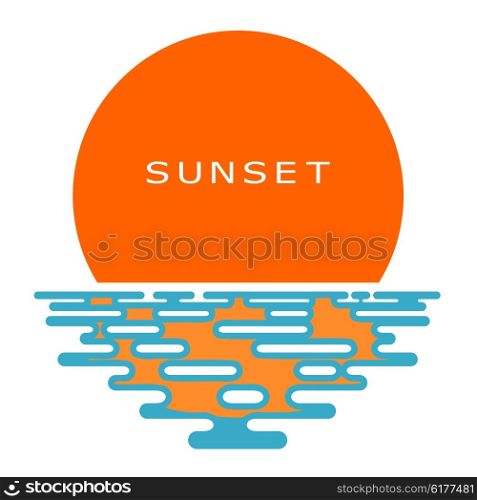 Sunset on a white background. Colored Sunset, icon, isolate. Flat sunset, color illustration. The sun and the sea, the sign of the nature. Sea sunset or sunrise. Stock vector