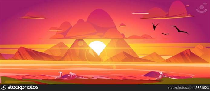 Sunset on ocean, red sky with sun going down the sea surrounded with mountains. Beautiful nature scenic landscape background, evening heaven view gulls flying above water, Cartoon vector illustration. Sunset on ocean, red sky with sun going down.