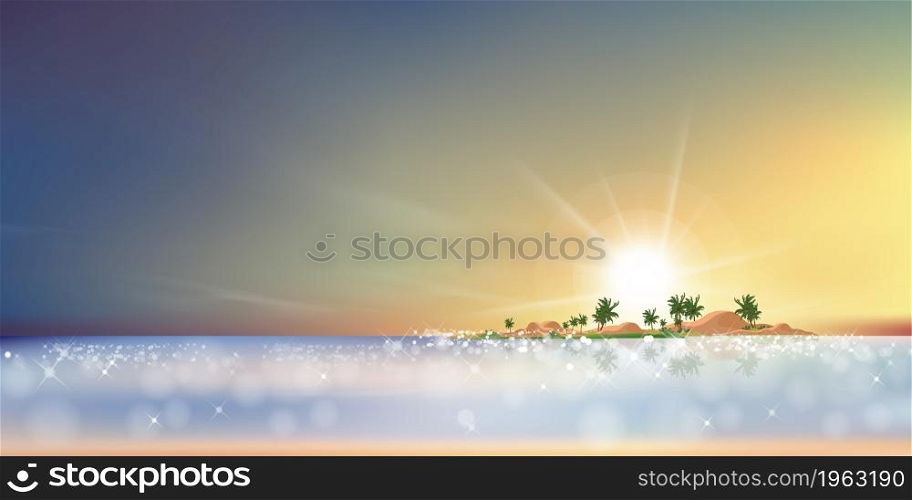 Sunset on the beach, Landscape dusk sky with dramatic twilight on island, Blue ocean and Sunrise in Morning with bokeh reflection,Vector banner background for spring and summer holiday