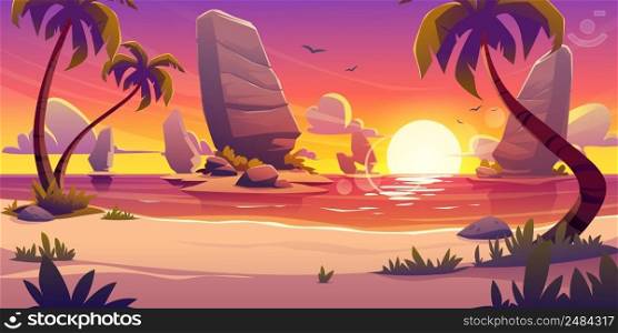 Sunset on tropical beach, scenery evening landscape. Cartoon background with palm trees, plants rocks and sand on seaside under beautiful purple sky with sun go down water edge, 2d vector illustration. Sunset on tropical beach scenery evening landscape