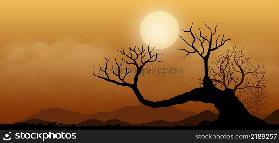 Sunset or full moon in African, tree dry landscape vector illustration. Desert landscape scene