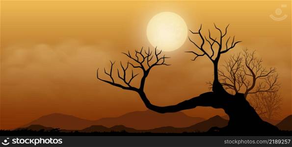 Sunset or full moon in African, tree dry landscape vector illustration. Desert landscape scene