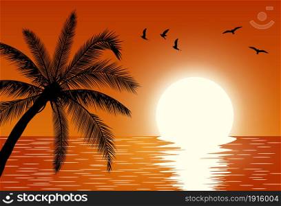 Sunset over the sea. Summer Sunset Landscape. Sunrise with Palm Tree. Tropical Paradise. Vector illustration. Sunset. Summer Sunset Landscape.