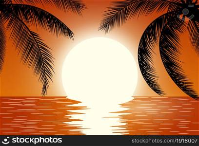 Sunset over the sea. Summer Sunset Landscape. Sunrise with Palm Tree. Tropical Paradise. Vector illustration. Sunset. Summer Sunset Landscape.