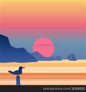 Sunset sailboat on blue sea ocean horizon, seagull, vector background, rock, sailing. Sunset sailboat on blue sea ocean horizon, seagull, vector background, rock, sailing, illustration, vector, isolared