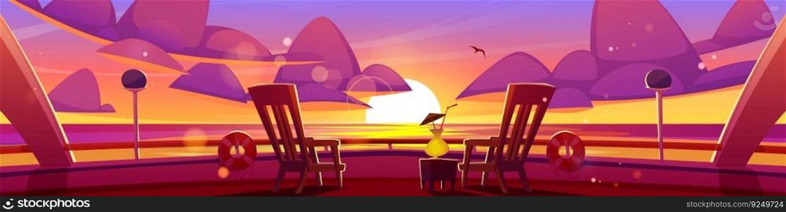 Sunset sea view from cruise ship deck vector cartoon background. Yacht railing with chair and cocktail on terrace in summer ocean under purple and orange evening sky. Luxury embankment to relax. Sunset sea view from cruise ship deck cartoon