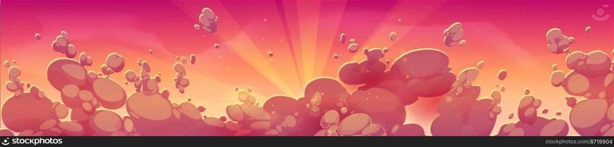Sunset sky above clouds with sun rays on red and orange background. Fluffy cloudy panorama, peaceful atmosphere landscape with sunlight beams at evening, vector cartoon illustration. Sunset sky above clouds with sun rays