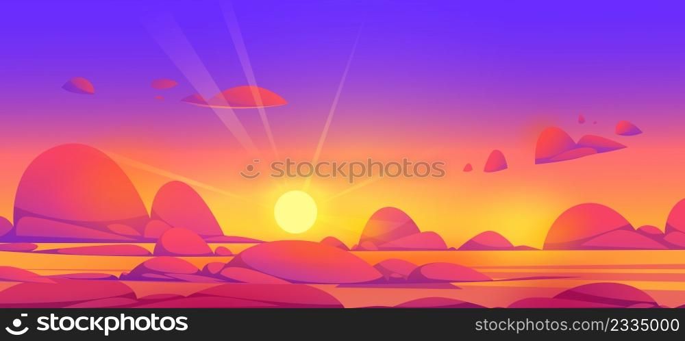 Sunset sky above clouds with sun shine. Beautiful nature landscape background, red,and orange fluffy cloudscape with brigth shining rays, evening view from airplane, Cartoon vector illustration. Sunset sky above clouds with sun shining rays